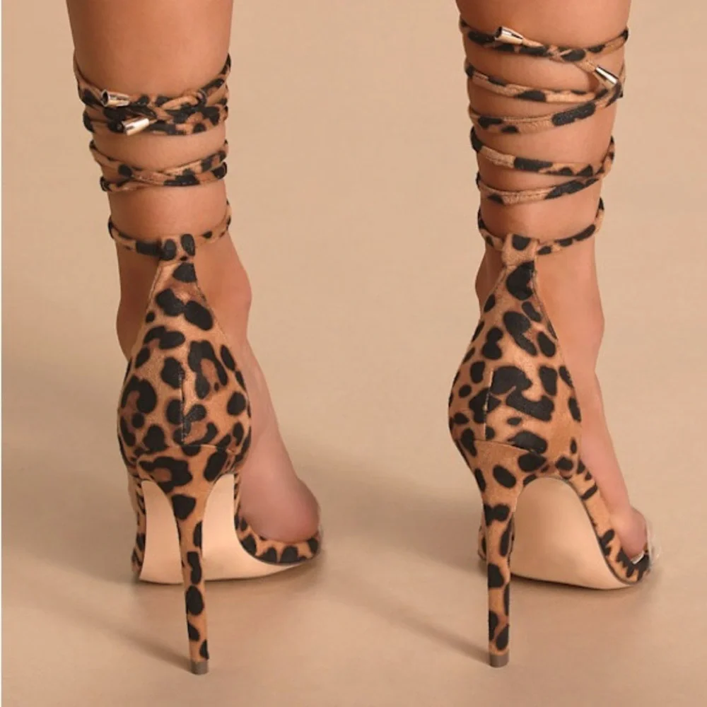 Lulus Ledah Lace-Up Heels Leopard Suede Animal Print Strappy Dress Shoes Sz 6.5